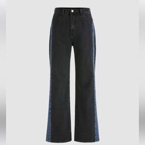 Cider NEW Denim Patchy Jeans Wide Leg Slits Stripe Flare Zip Cotton Colorblock M